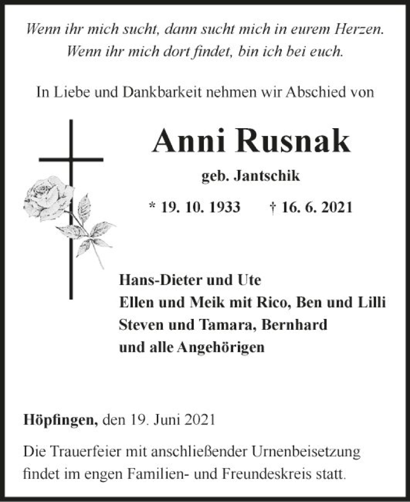  Traueranzeige für Anni Rusnak vom 19.06.2021 aus Fränkische Nachrichten