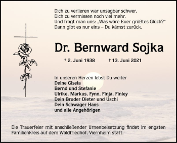 Traueranzeige von Bernward Sojka von Mannheimer Morgen