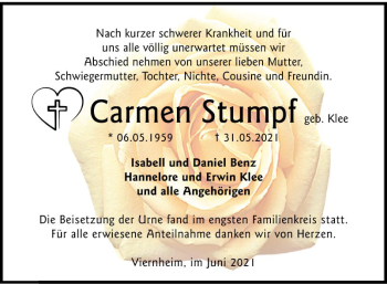 Traueranzeige von Carmen Stumpf von Südhessen Morgen