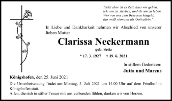Traueranzeige von Clarissa Neckermann von Fränkische Nachrichten