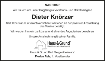 Traueranzeige von Dieter Knörzer von Fränkische Nachrichten