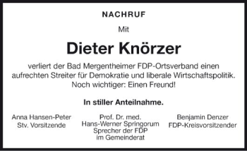 Traueranzeige von Dieter Knörzer von Fränkische Nachrichten