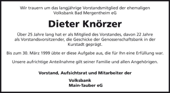Traueranzeige von Dieter Knörzer von Fränkische Nachrichten
