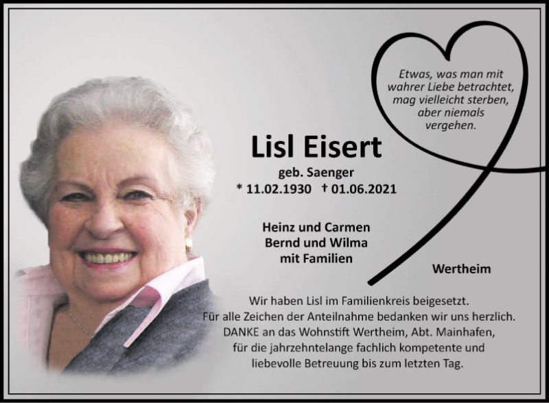  Traueranzeige für Elisabeth Eisert vom 07.06.2021 aus Fränkische Nachrichten