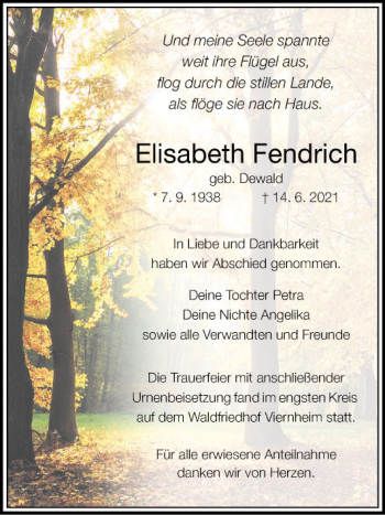 Traueranzeige von Elisabeth Fendrich von Mannheimer Morgen