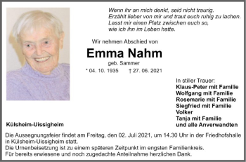 Traueranzeige von Emma Nahm von Fränkische Nachrichten