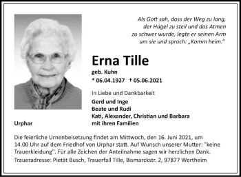 Traueranzeige von Erna Tille von Fränkische Nachrichten
