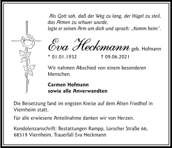 Traueranzeige von Eva Heckmann von Südhessen Morgen