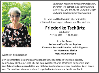 Traueranzeige von Friederike Tschürtz von Fränkische Nachrichten