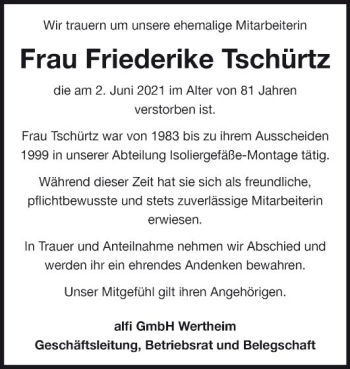 Traueranzeige von Friederike Tschürtz von Fränkische Nachrichten