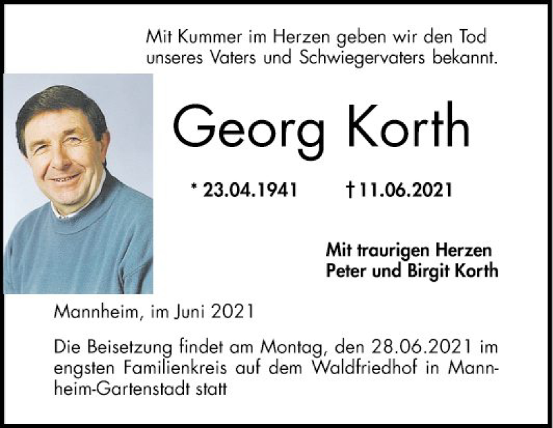  Traueranzeige für Georg Korth vom 25.06.2021 aus Mannheimer Morgen