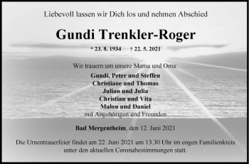 Traueranzeige von Gundi Trenkler-Roger von Fränkische Nachrichten
