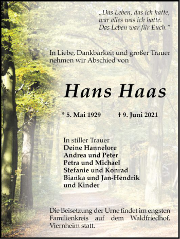 Traueranzeige von Hans Haas von Mannheimer Morgen