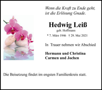 Traueranzeige von Hedwig Leiß von Schwetzinger Zeitung