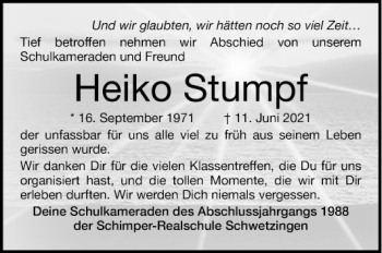 Traueranzeige von Heiko Stumpf von Schwetzinger Zeitung