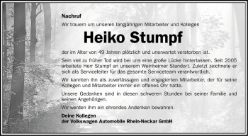 Traueranzeige von Heiko Stumpf von Schwetzinger Zeitung