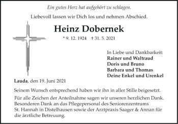Traueranzeige von Heinz Dobernek von Fränkische Nachrichten