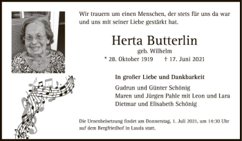 Traueranzeige von Herta Butterlin von Fränkische Nachrichten