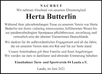 Traueranzeige von Herta Butterlin von Fränkische Nachrichten