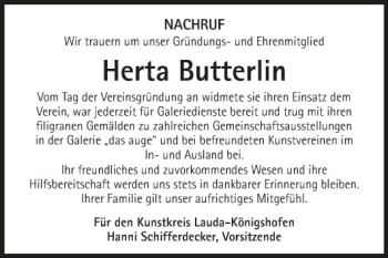 Traueranzeige von Herta Butterlin von Fränkische Nachrichten