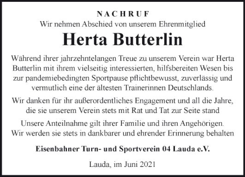  Traueranzeige für Herta Butterlin vom 26.06.2021 aus Fränkische Nachrichten