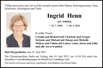 Traueranzeige von Ingrid Henn von Fränkische Nachrichten