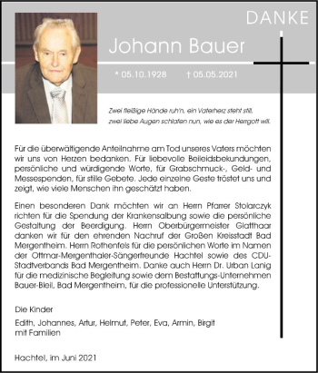Traueranzeige von Johann Bauer von Fränkische Nachrichten