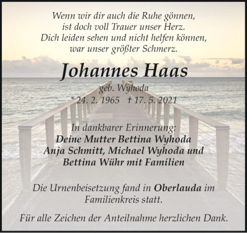  Traueranzeige für Johannes Haas vom 12.06.2021 aus Fränkische Nachrichten