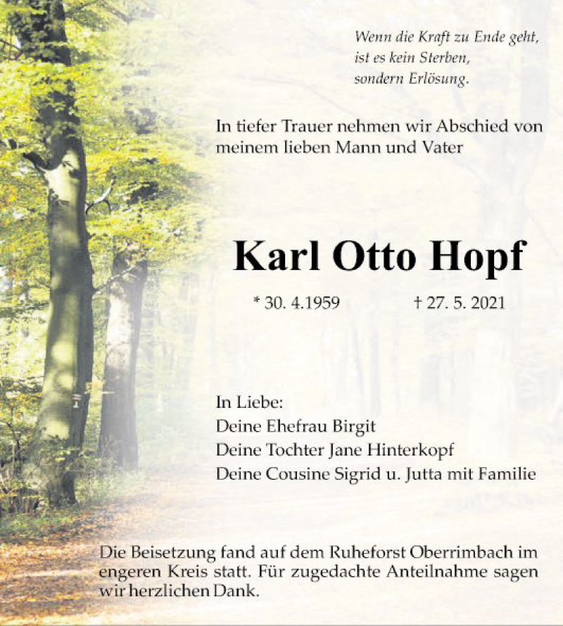  Traueranzeige für Karl Otto Hopf vom 11.06.2021 aus Fränkische Nachrichten