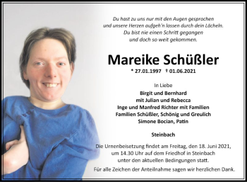 Traueranzeige von Mareike Schüßler von Fränkische Nachrichten
