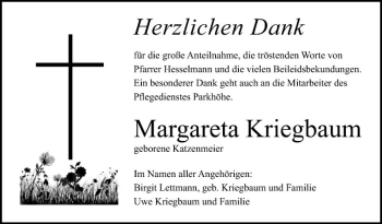 Traueranzeige von Margareta Kriegbaum von Bergsträßer Anzeiger