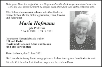 Traueranzeige von Maria Hofmann von Fränkische Nachrichten