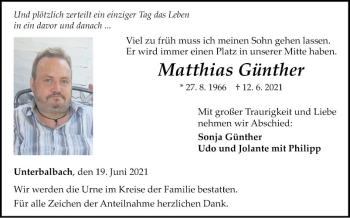 Traueranzeige von Matthias Günther von Fränkische Nachrichten
