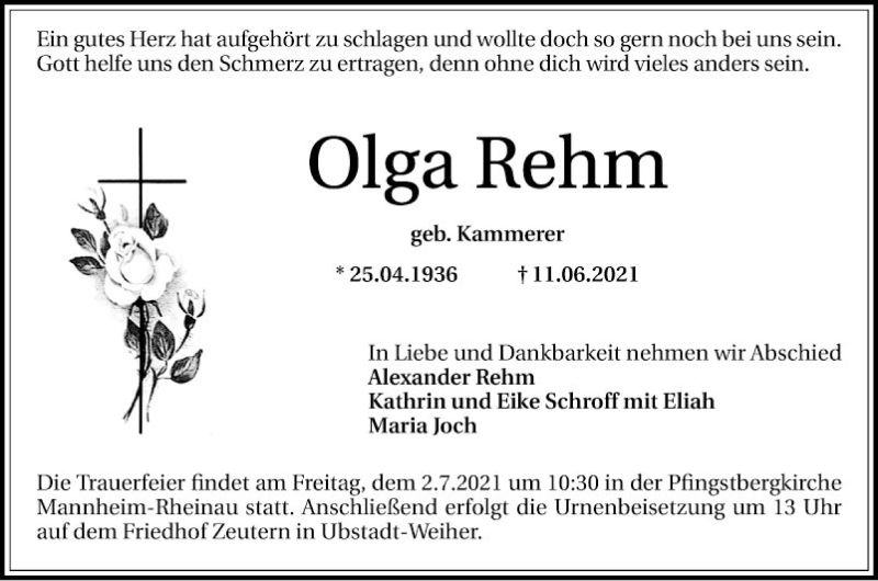  Traueranzeige für Olga Rehm vom 26.06.2021 aus Mannheimer Morgen