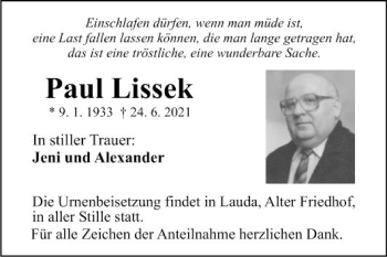 Traueranzeige von Paul Lissek von Fränkische Nachrichten