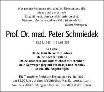 Traueranzeige von Peter Schmiedek von Mannheimer Morgen