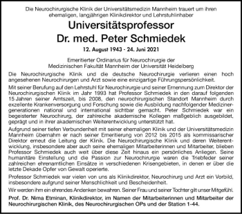 Traueranzeige von Peter Schmiedek von Mannheimer Morgen