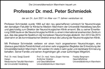 Traueranzeige von Peter Schmiedek von Mannheimer Morgen