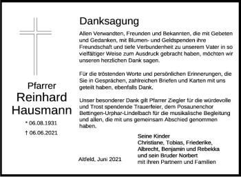 Traueranzeige von Reinhard Hausmann von Fränkische Nachrichten