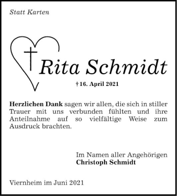Traueranzeige von Rita Schmidt von Mannheimer Morgen