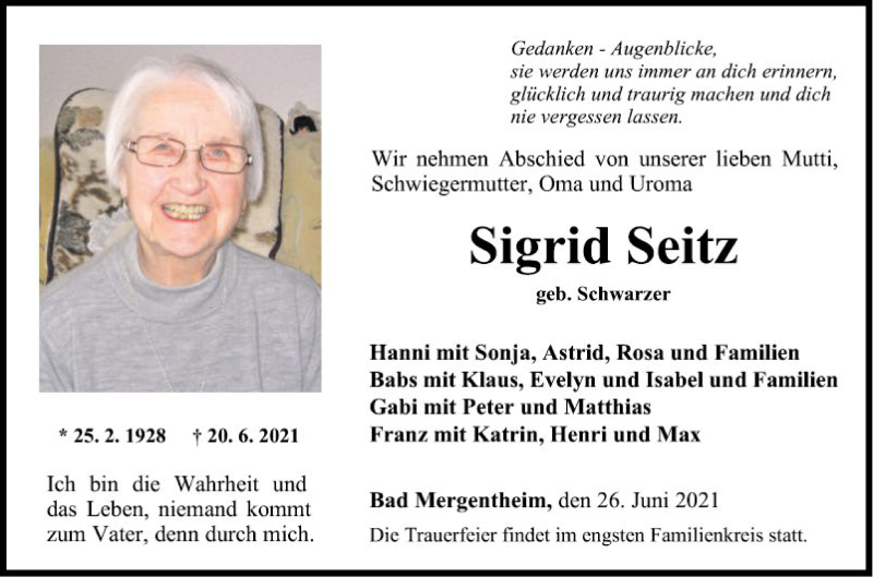  Traueranzeige für Sigrid Seitz vom 26.06.2021 aus Fränkische Nachrichten