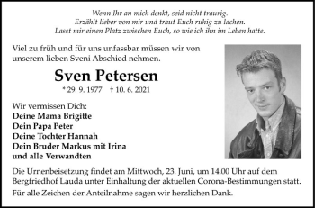 Traueranzeige von Sven Petersen von Fränkische Nachrichten