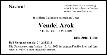 Traueranzeige von Vendel Arok von Fränkische Nachrichten