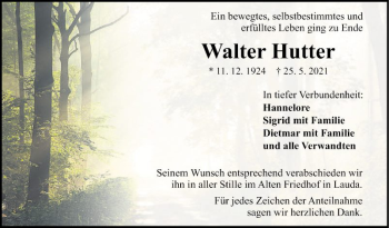 Traueranzeige von Walter Hutter von Fränkische Nachrichten