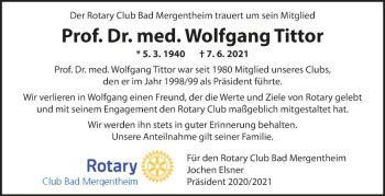 Traueranzeige von Wolfgang Tittor von Fränkische Nachrichten