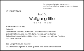 Traueranzeige von Wolfgang Tittor von Fränkische Nachrichten