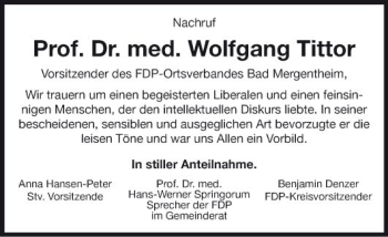 Traueranzeige von Wolfgang Tittor von Fränkische Nachrichten