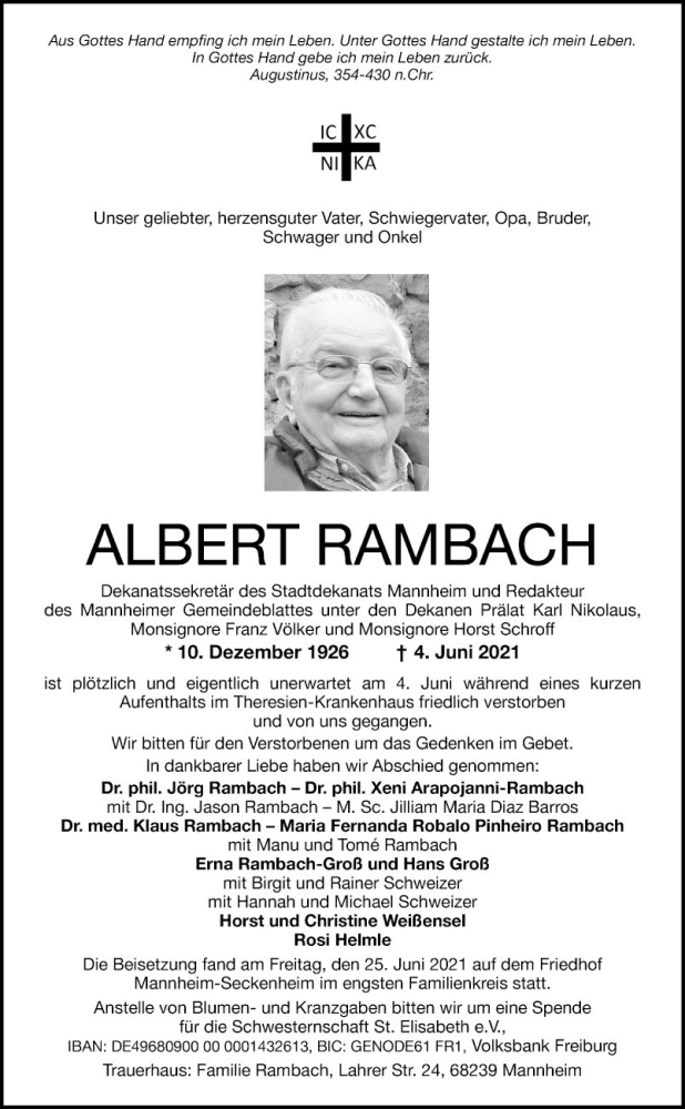  Traueranzeige für Albert Rambach vom 03.07.2021 aus Mannheimer Morgen