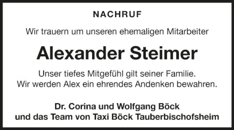  Traueranzeige für Alexander Steimer vom 02.07.2021 aus Fränkische Nachrichten