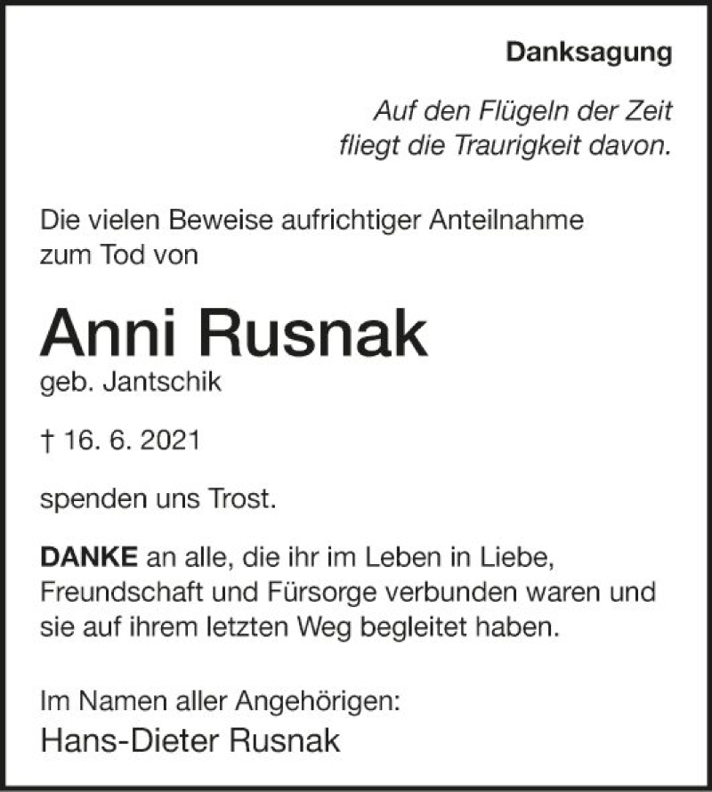  Traueranzeige für Anni Rusnak vom 03.07.2021 aus Fränkische Nachrichten